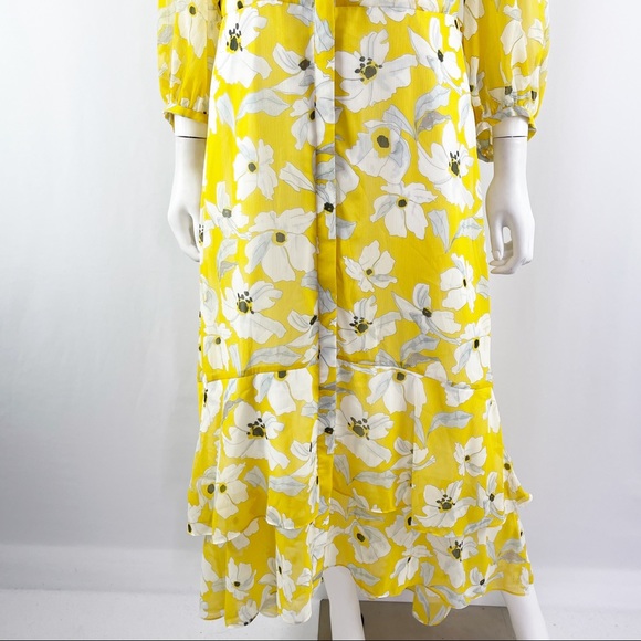 Banana Republic Size 8 Yellow Floral Long Sleeve Hi-Lo Ruffle Maxi Dress - Picture 6 of 10